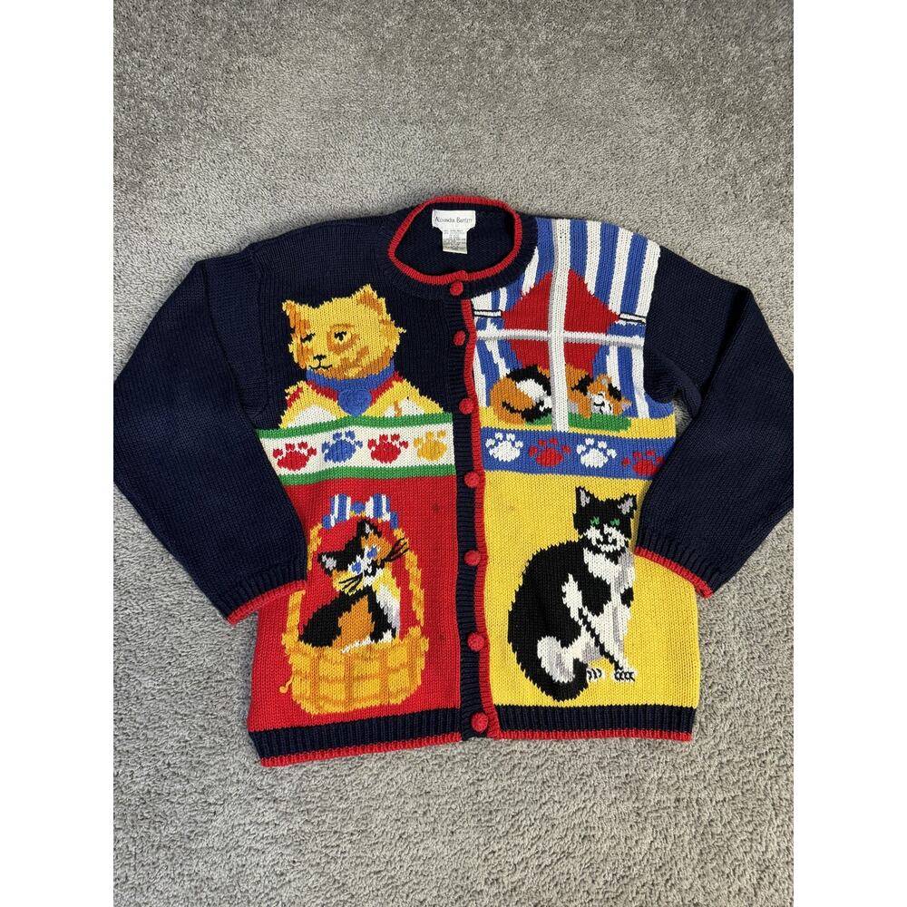 Vintage Alexandra Bartlett Sweater Womens L Blue Cat Kittens Cardigan Hand Made
